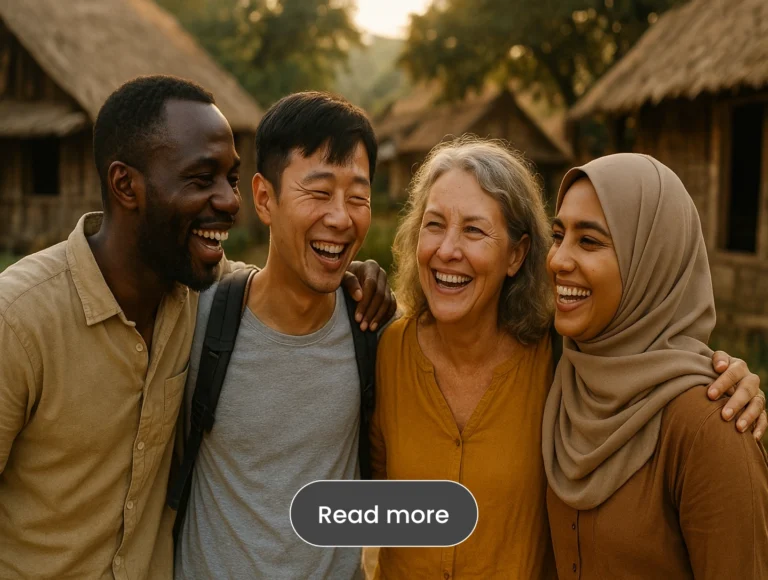 Happy multicultural group of travelers smiling together in a traditional village setting