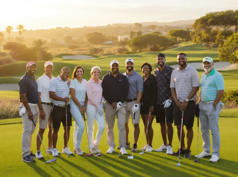 Golfers from different countries standing together and smiling on a green golf course in Asia or the Middle East