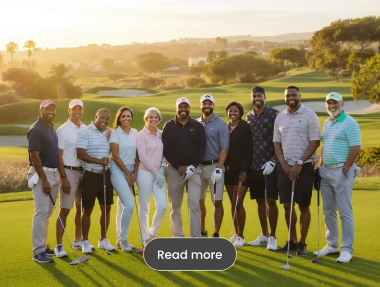 Golfers from different countries standing together and smiling on a green golf course in Asia or the Middle East