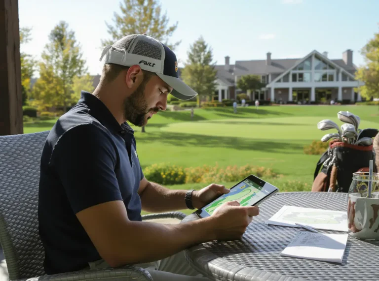 Golfer using a tablet to review course information with golf bag nearby on a sunny fairway