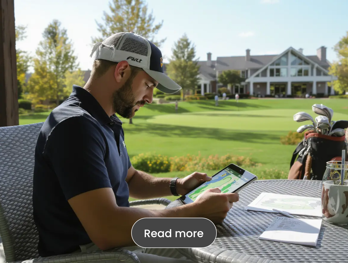 Golfer using a tablet to review course information with golf bag nearby on a sunny fairway